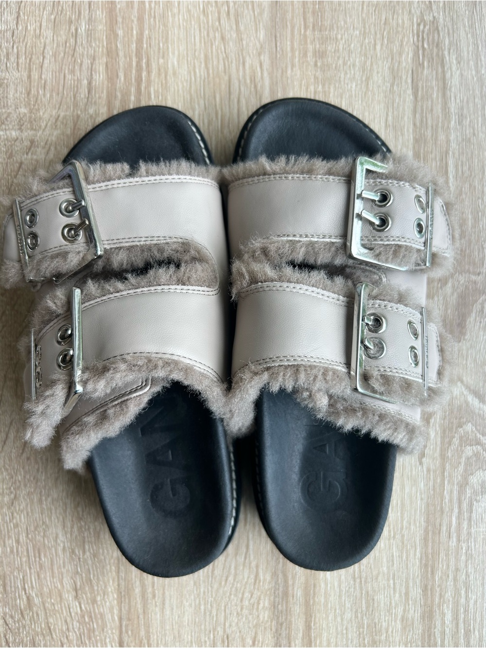 Ganni Fluffy Fuzzy Double Strap Buckle Sandal Slides 37 7